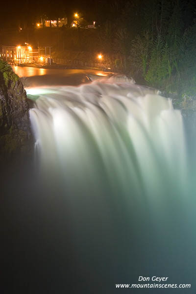 Image of Snoqualmie Falls at night during flood stage