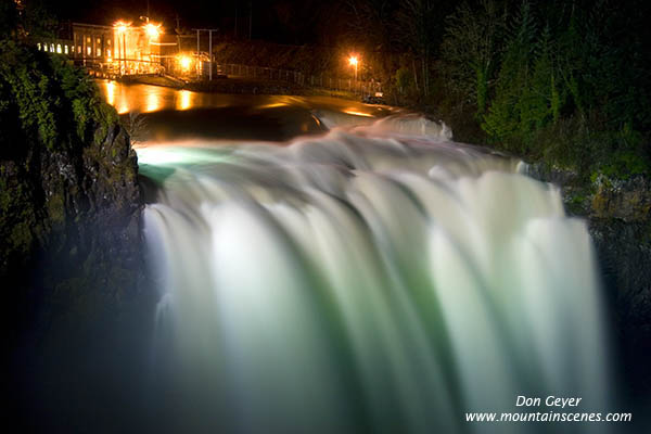 Image of Snoqualmie Falls at night during flood stage