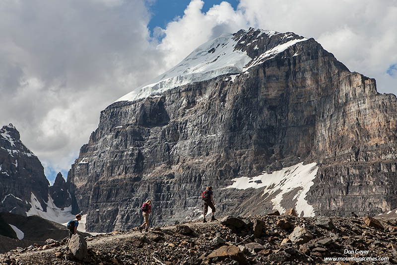 Image of hikers below Mount Victoria, Plain of Six Glaciers trail