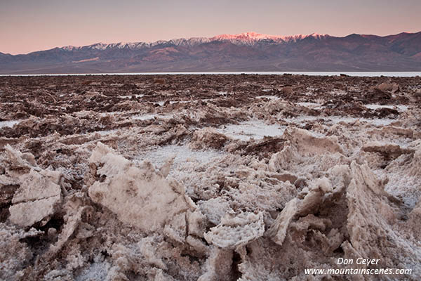 Image of Telescope Peak, sunrise, Badwater salt crusts, Death Valley