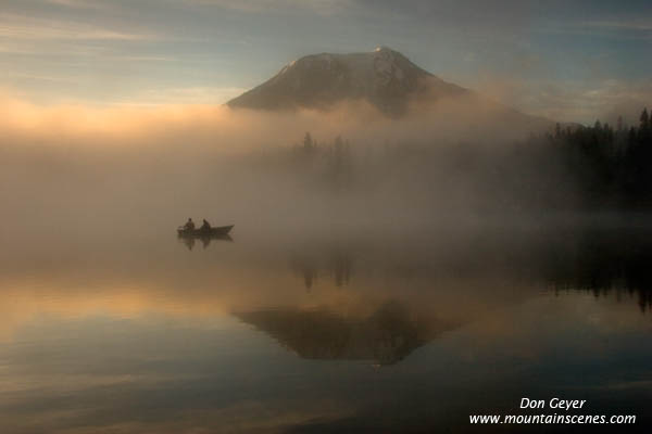 Image of Mount Adams, fishermen, Takhlakh Lake, fog