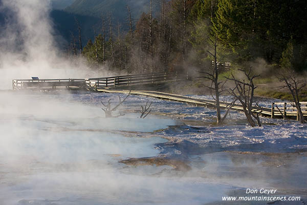 Image of Main Terrace and steam, boardwalk, Mamoth Hot Springs, Yellowstone National Park.