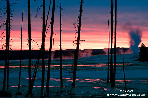 Image of sunset over Lower Geyser Basin, Yellowstone National Park.