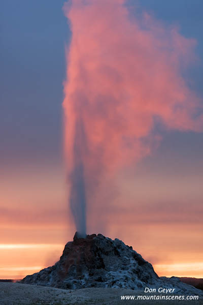 Image of White Dome Glacier erupting at sunset, Yellowstone National Park.