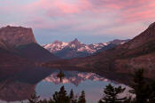 Image of pink clouds reflected in St. Mary Lake in Glacier.