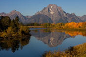 Image of Mount Moran reflection at Oxbow Bend in autumn, Grand Teton National Park