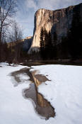 Image of El Capitan reflected in melting snow.