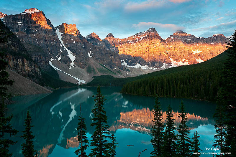 Image of Wenkchemna Peaks reflected in Moraine Lake, sunrise