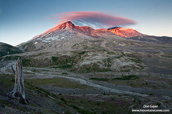 Image of Mount St. Helens, pink lenticular, sunrise