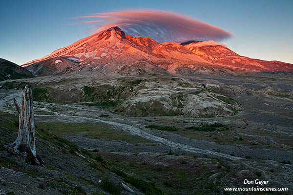 Image of Mount St. Helens, pink lenticular, sunrise