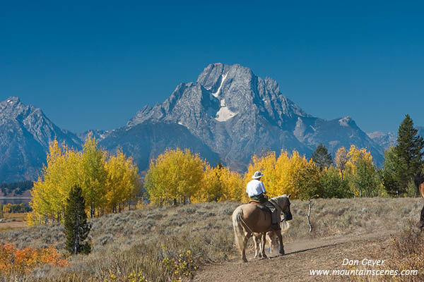 Image of horseback rider below Mount Moran in autumn, Grand Teton National Park