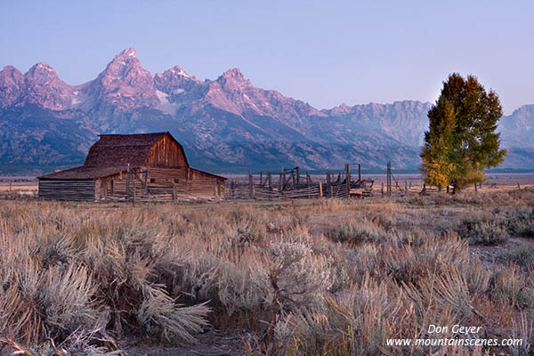 Image of Grand Teton above barn on Mormon Row before sunrise, Grand Teton National Park