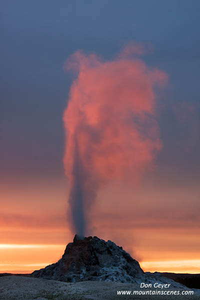 Image of White Dome Geyser erupting at sunset, Yellowstone National Park.