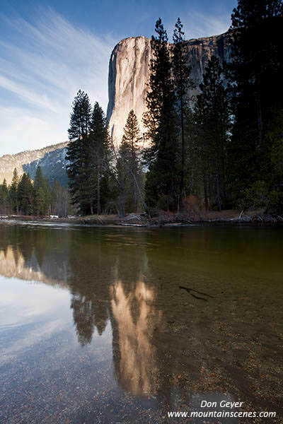 Image of El Capitan reflected in Merced River.