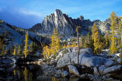 Image of Prusik Peak above Leprechaun Lake, Enchantment Lakes, fall larch