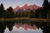 Image of Tetons reflection at Schwabacher Landing at sunrise, Grand Teton National Park