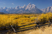 Image of Grand Teton above fence in autumn, Grand Teton National Park