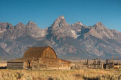 Image of Grand Teton above barn on Mormon Row, Grand Teton National Park